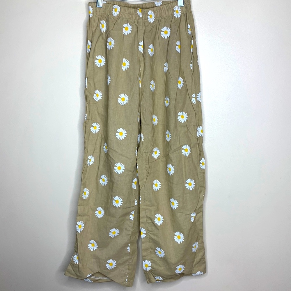 Tan Daisy Flower Pattern Pocket Cotton Beach Pants Hippie 70’s Flashback Bottoms